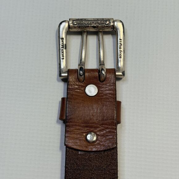 Lucky Brand Dungarees Belt Mens Brown Leather Double Prong Solid Brass Buckle - Picture 4 of 7